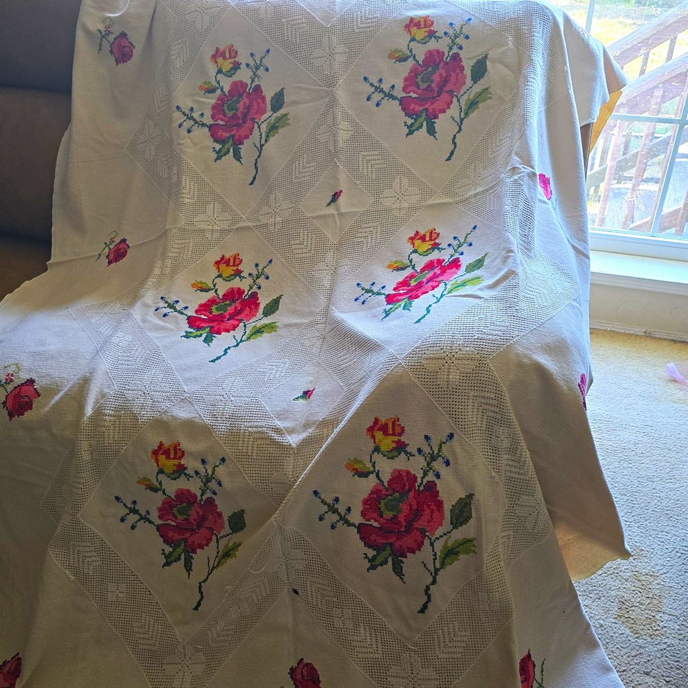 Embroidered Floral Rose Square Cotton Tablecloth White Pink Green Blue